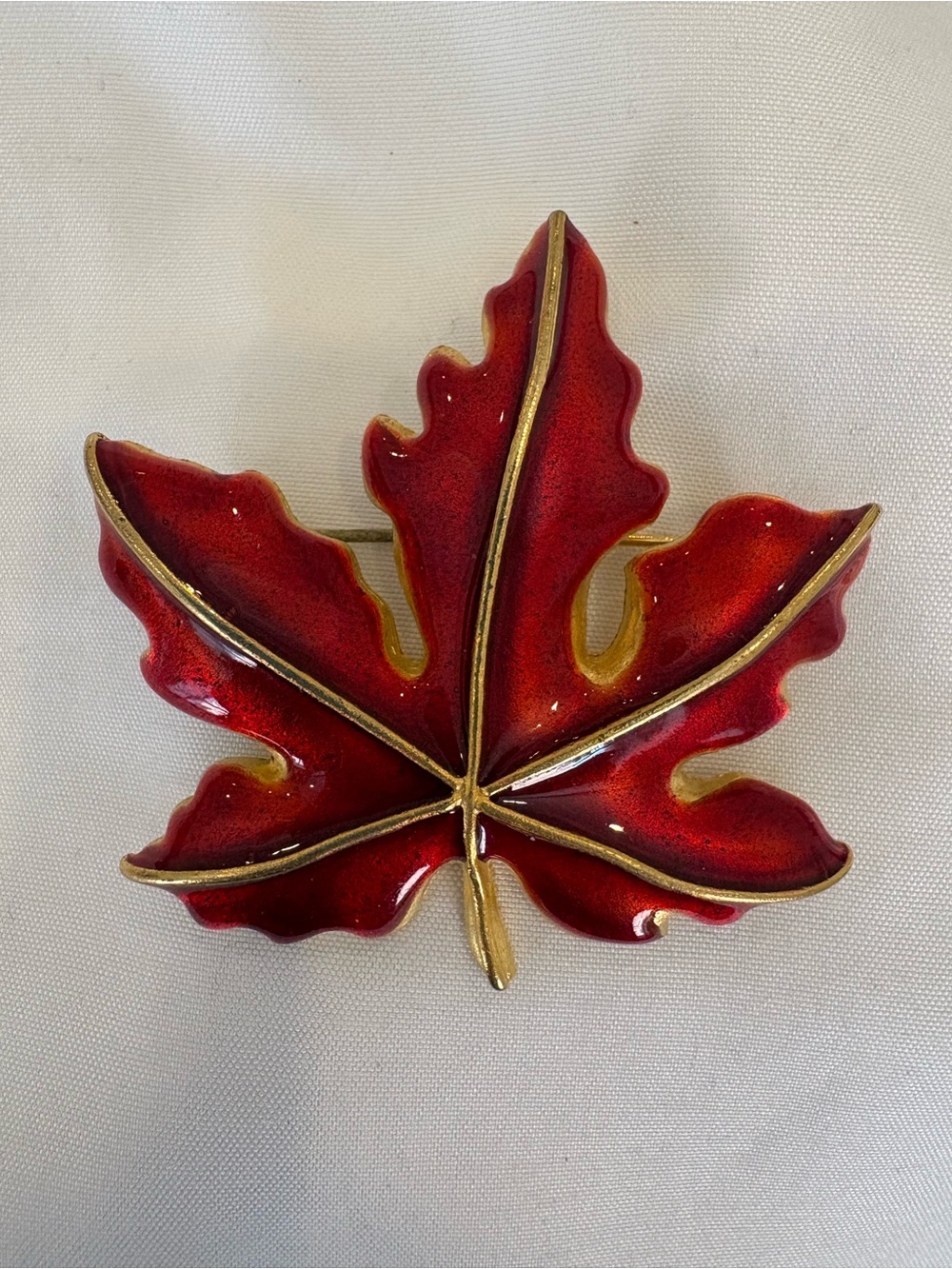 Vintage Signed Red Enamel Maple Leaf Brooch Gold Tone Autumn Pin - c1980s